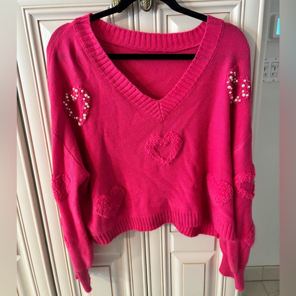 Hot Pink V-Neck Sweater with Hearts